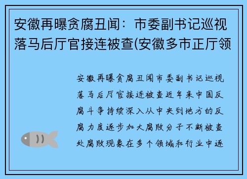 安徽再曝贪腐丑闻：市委副书记巡视落马后厅官接连被查(安徽多市正厅领导调整)