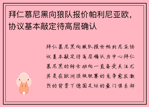 拜仁慕尼黑向狼队报价帕利尼亚欧，协议基本敲定待高层确认